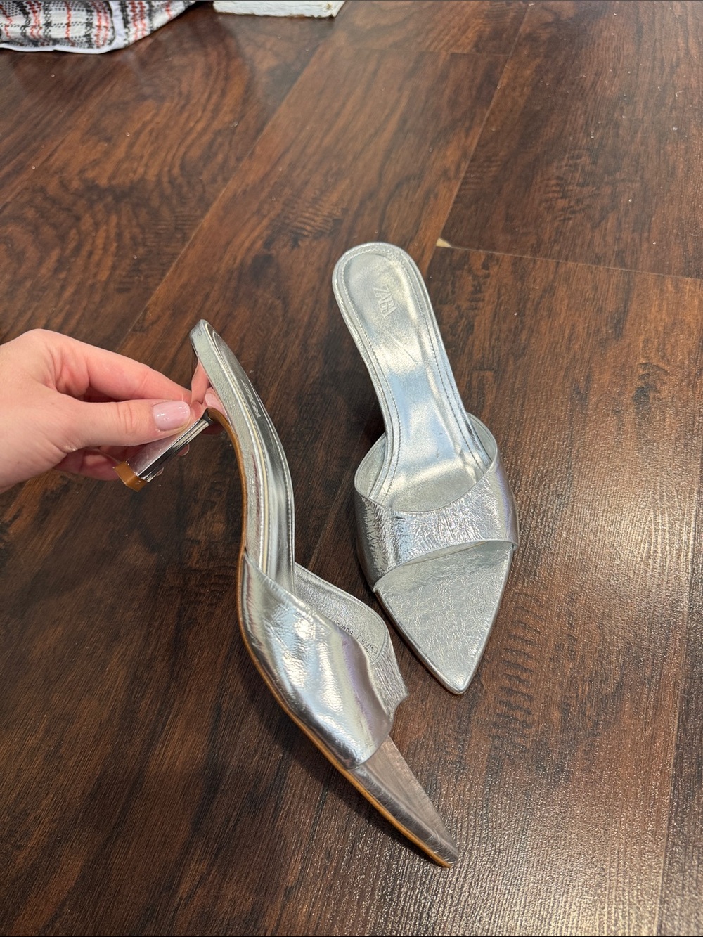 Zara Metallic Silver Pointed Toe Slide Mules